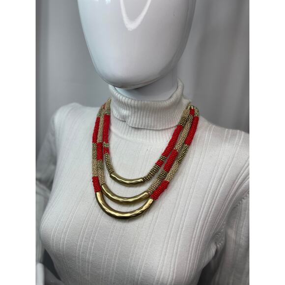 Chico's statement necklace red and gold tone multi strand signed costume jewelry - Picture 12 of 14